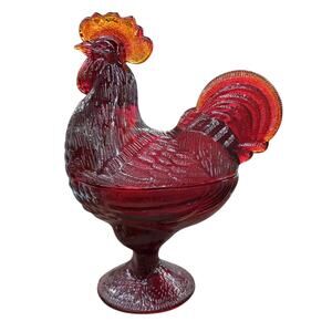 L E Smith Rooster Footed Candy Dish Ruby Red Amberina Glass Lidded MCM VTG Farm